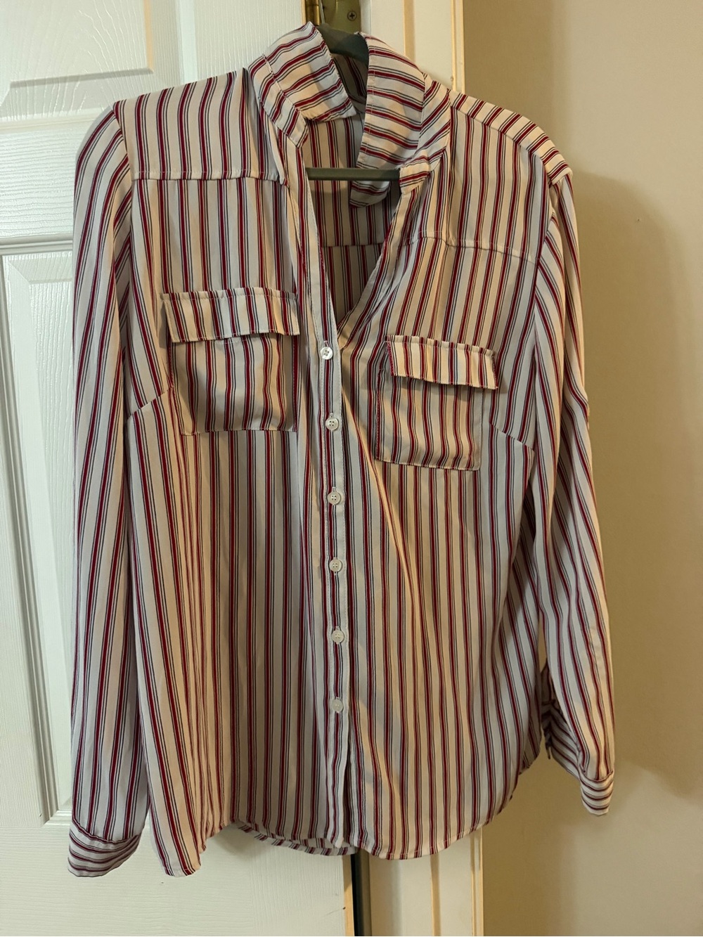 Striped Button-Down Shirt in White with Burgundy Stripes